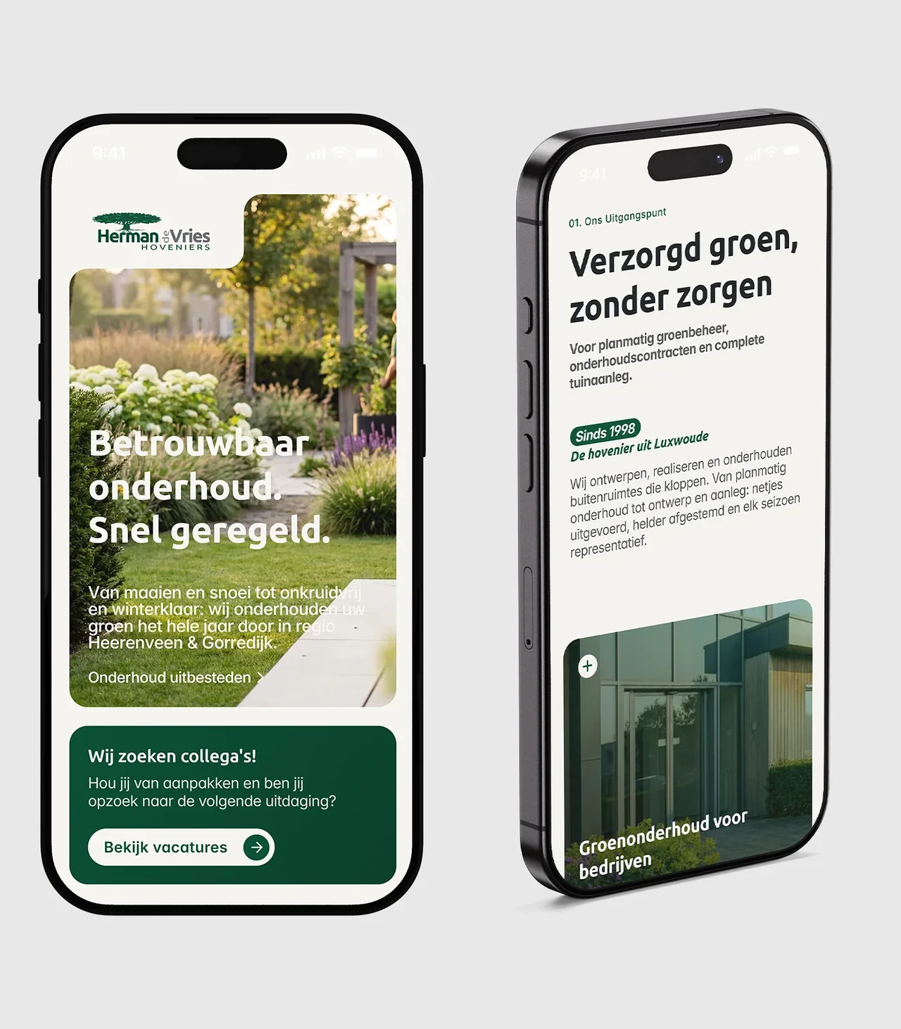 De homepage op mobiel: direct naar zakelijk onderhoud, particulier tuinwerk of open vacatures.