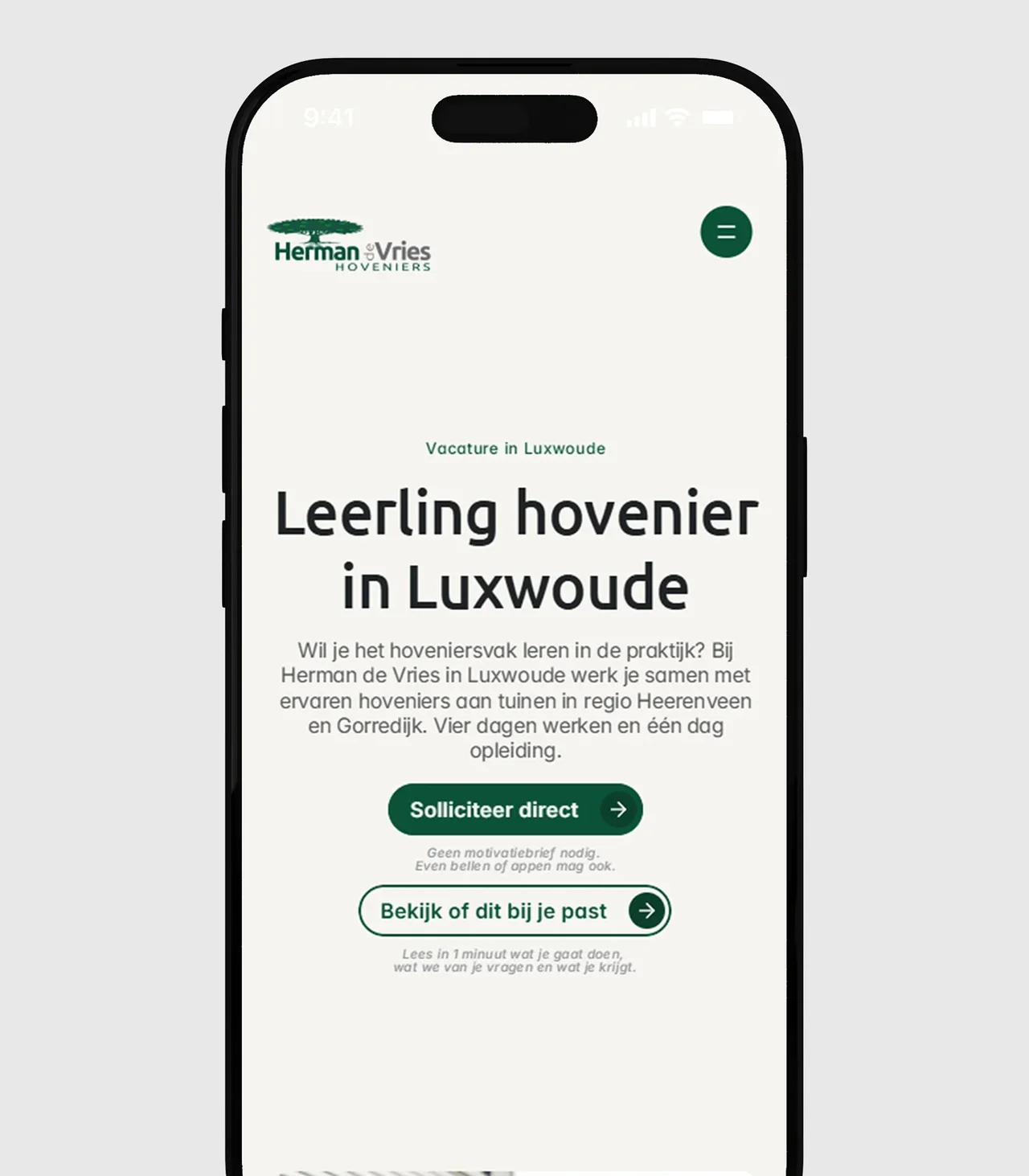 Een vacaturedetailpagina op mobiel. Direct solliciteren, geen motivatiebrief vereist.